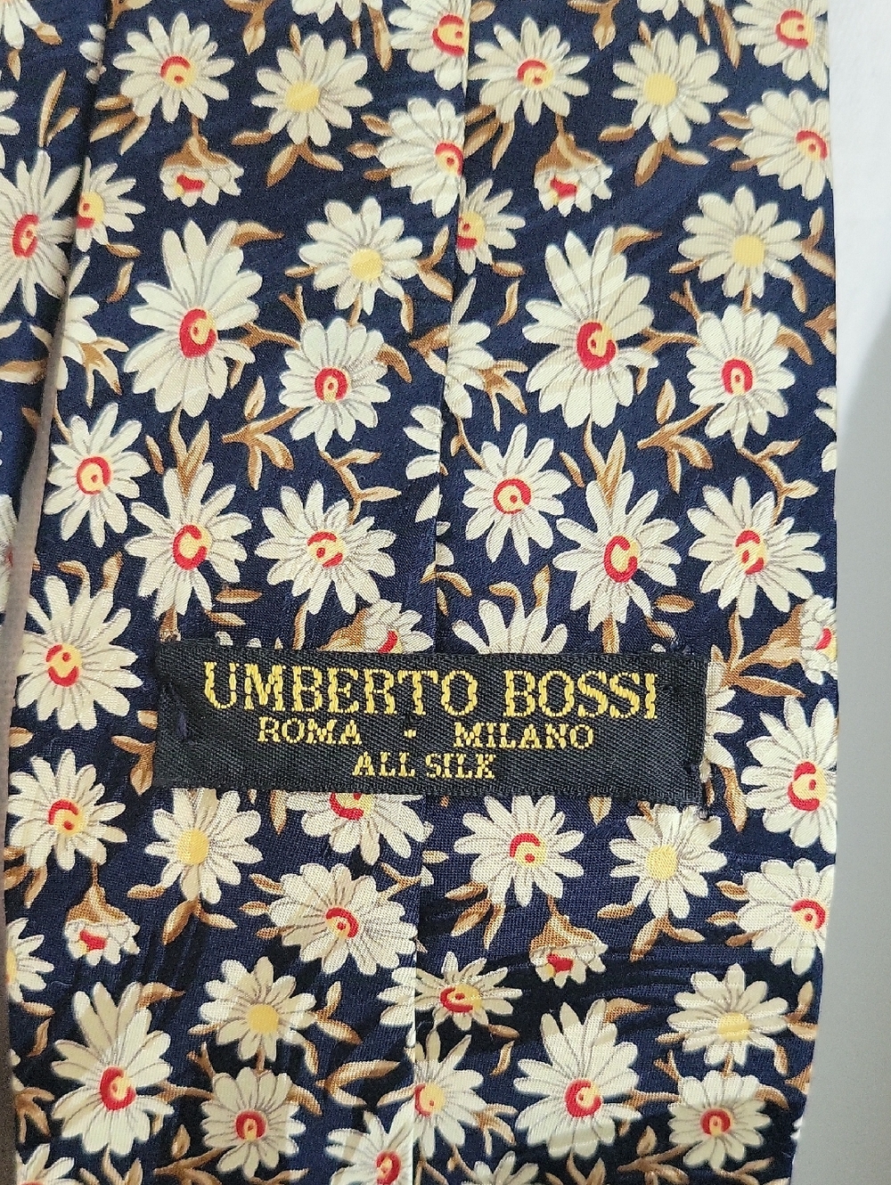 Vintage Umberto Bossi Floral Navy Daisy Silk Scarf Tie - Picture 4 of 6